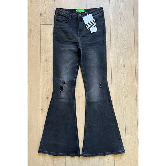 FP - Sandrine Rose Super Flare Destroyed Black High-rise Jeans - NWT - Size 31 - Picture 2 of 6